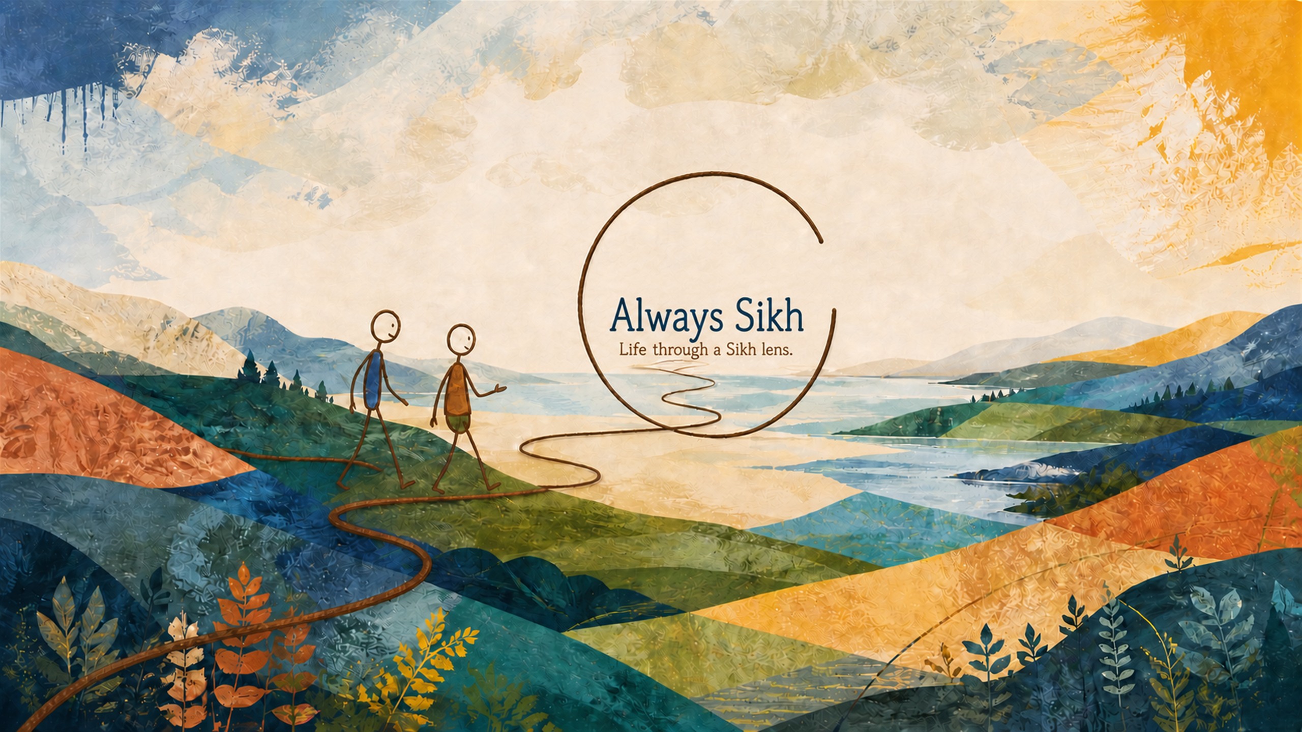 Always Sikh painted landscape with two walking line figures and an open circular path